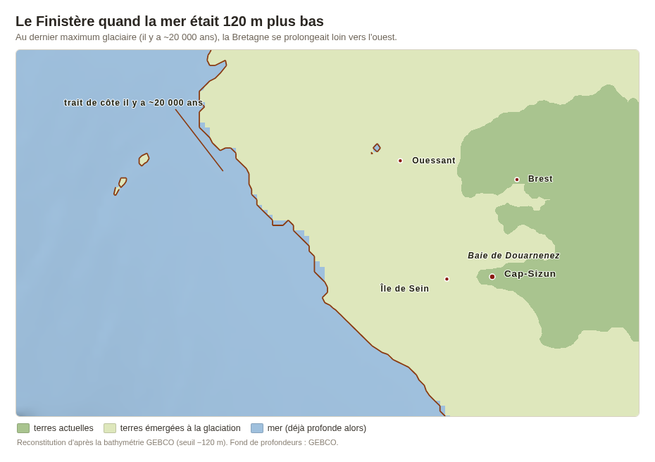 Carte du Finistère au dernier maximum glaciaire : le vaste plateau émergé autour de la presqu'île quand la mer était 120 mètres plus bas